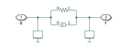 Parallel spring and damper with an in port, an out port, and mass at both ends.