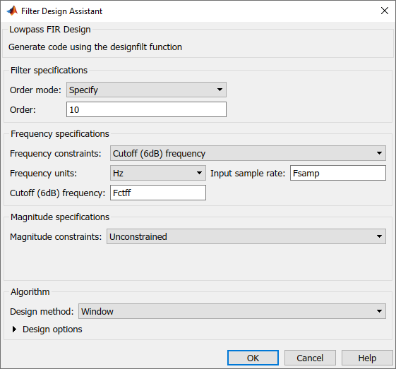 Filter Design Assistant dialog for lowpass FIR design