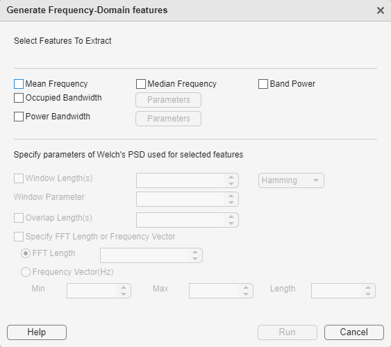 Frequency-domain features dialog box.