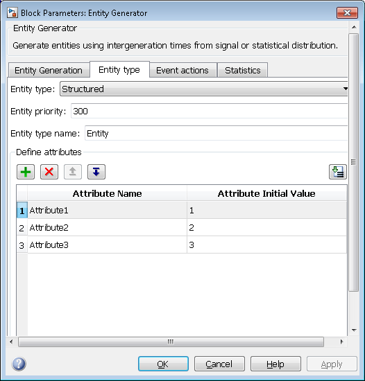 Block Parameters dialog box of the Entity Generator block with the Entity type tab highlighted. Here, the Entity type is set to Structured, Entity priority is set to 300, and Entity type name is set to Entity. Three attributes are listed in the Define attributes window: Attribute1, Attribute2 and Attribute3.