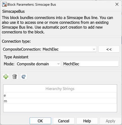 Simscape Bus block dialog with rigid interface applied