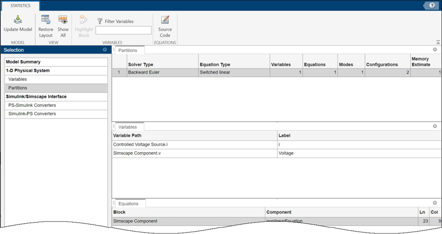 Statistics Viewer tool output showing that the model is now a switched linear system.