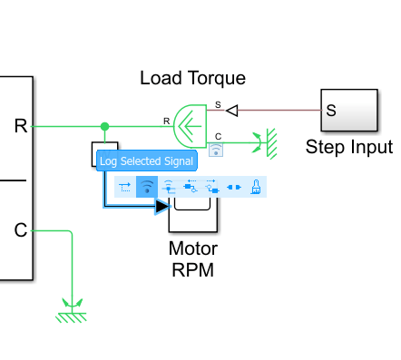 Log Selected Signal button selected from the toolstrip of the Simulink signal going to the Motor RPM block.