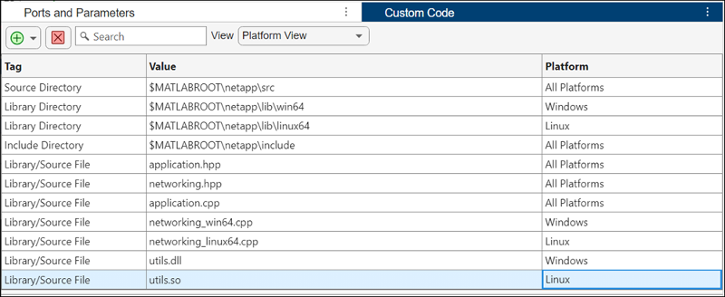 S-Function Builder Custom Code table with platform-specific code artifacts