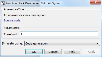 The Block Parameters dialog box for a MATLAB System block has a header with the title AlternativeTitle, the text "An alternative class description," and a link to the source code.
