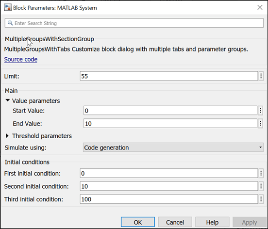 The Block Parameters dialog box for the MATLAB System block for the System object that contains the example code has the Value parameters collapsible panel expanded and the Threshold parameters collapsible panel collapsed. The Value parameters section includes text fields to set the Start Value and End Value parameters.