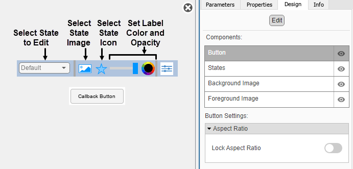 Callback Button block in design mode with the toolbar and the Design tab in the Property Inspector visible.