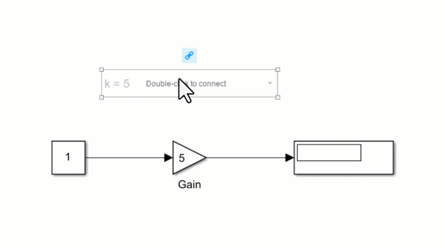 An unconnected Combo Box block connects to the Gain parameter of a Gain block.