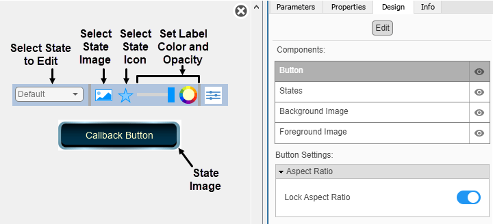 Customizable Callback Button block in design mode with the toolbar and the Design tab in the Property Inspector visible.