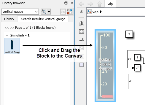 The Library Browser in docked mode shows the search results for the key phrase "vertical gauge." The search results consist of a single block, the Vertical Gauge block. There is a copy of the Vertical Gauge block in the canvas, and an arrow from the Vertical Gauge block icon in the Library Browser to the Vertical Gauge block in the canvas with the caption "Click and Drag the Block to the Canvas."
