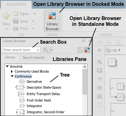 The image shows the Library Browser in docked mode. In docked mode, the Library Browser has a single pane called the libraries pane. Labels are on the libraries pane, the tree that it contains, the search box, and the Library Browser button.