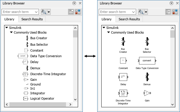 The Library Browser is shown twice, in both instances displaying the commonly used blocks in the Simulink Library. In the image on the left, the blocks are arranged in one column, with the icon and name of each block on the same line. In the image on the right, the blocks are arranged in the responsive layout. The blocks are in two columns, with the name of each block underneath its icon.