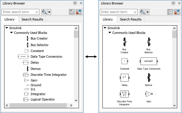 The Library Browser is shown twice, in both instances displaying the commonly used blocks in the Simulink Library. In the image on the left, the blocks are arranged in one column, with the icon and name of each block on the same line. In the image on the right, the blocks are arranged in the responsive layout. The blocks are in two columns, with the name of each block underneath its icon.