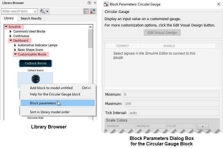 The left image shows the Library Browser in docked mode with the Simulink library expanded, the Dashboard sublibrary expanded, and the Customizable Blocks sublibrary expanded. In the Customizable Blocks sublibrary, the Circular Gauge block has been right-clicked, and the context menu is open. The pointer hovers over the option labeled Block parameters. The right image shows the Block Parameters dialog box that opens for the Circular Gauge when the pointer clicks Block parameters. All of the buttons and text boxes in the Block Parameters dialog box are grayed out, indicating that they cannot be edited.