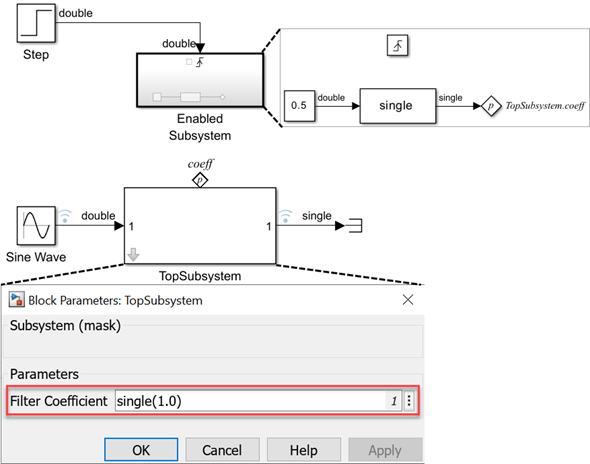 Mask parameter value setting when Parameter Writer block writes data with datatype other then double, to a parameter inside a masked subsystem