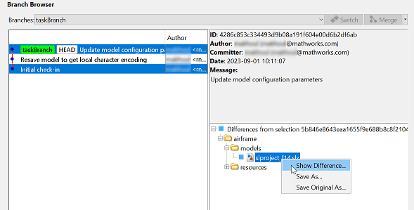 Branch Browser with two selected commits in the left pane and Show Difference context menu option in the right pane.