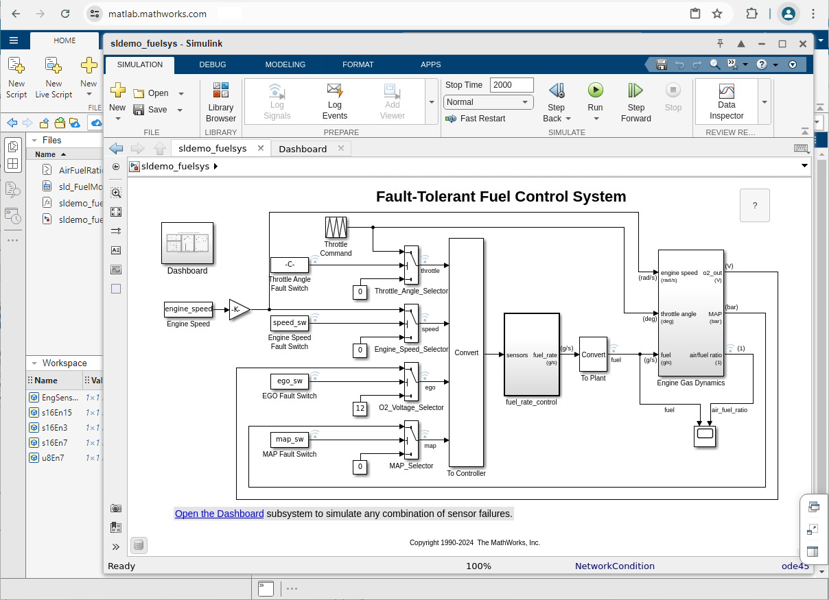 Simulink Online with the sldemo_fuelsys model open