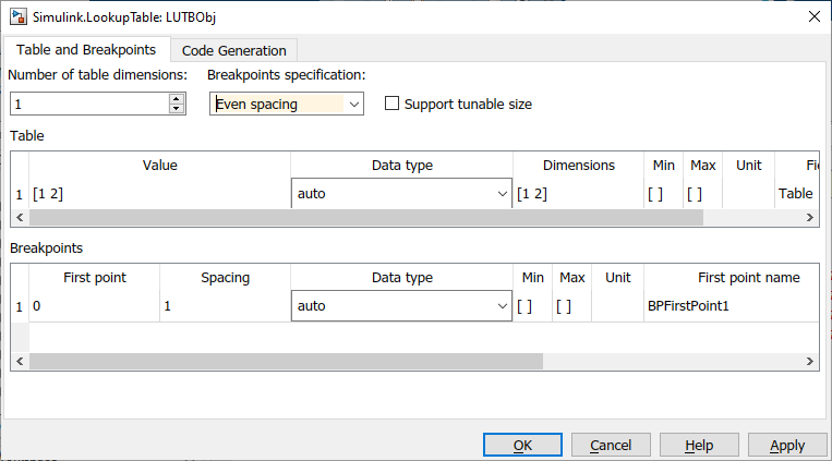 Lookup Table property dialog box with Breakpoints specification set to Even spacing.