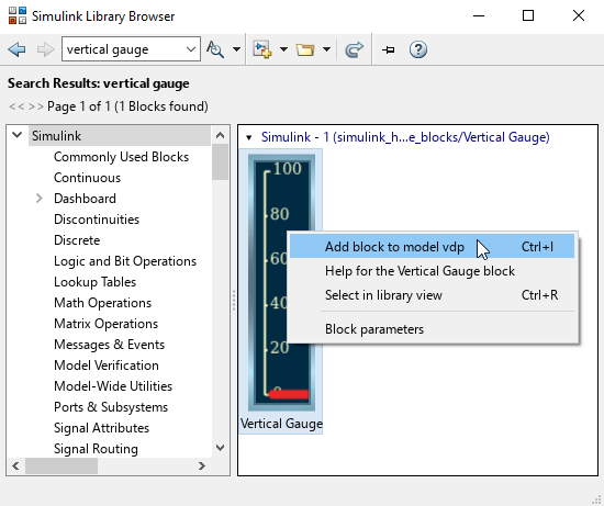 The Library Browser in standalone mode shows the search results for the key phrase "vertical gauge." The search results consist of a single block, the Vertical Gauge block. The Vertical Gauge block is right-clicked, and the context menu is open. The pointer hovers over the option "Add block to model vdp".