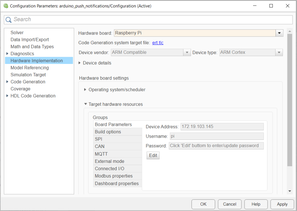 Configuration Parameters dialog box for Raspberry Pi hardware.