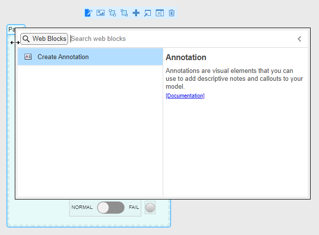 Panel in edit mode with the quick insert menu open