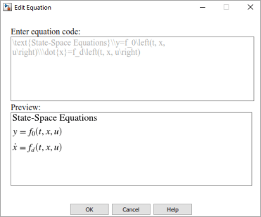 Edit Equation dialog box with LaTeX code in the Enter equation code box, and a preview of the resulting equations in the Preview box