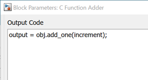 Block dialog of C Function block showing code in Output Code field.