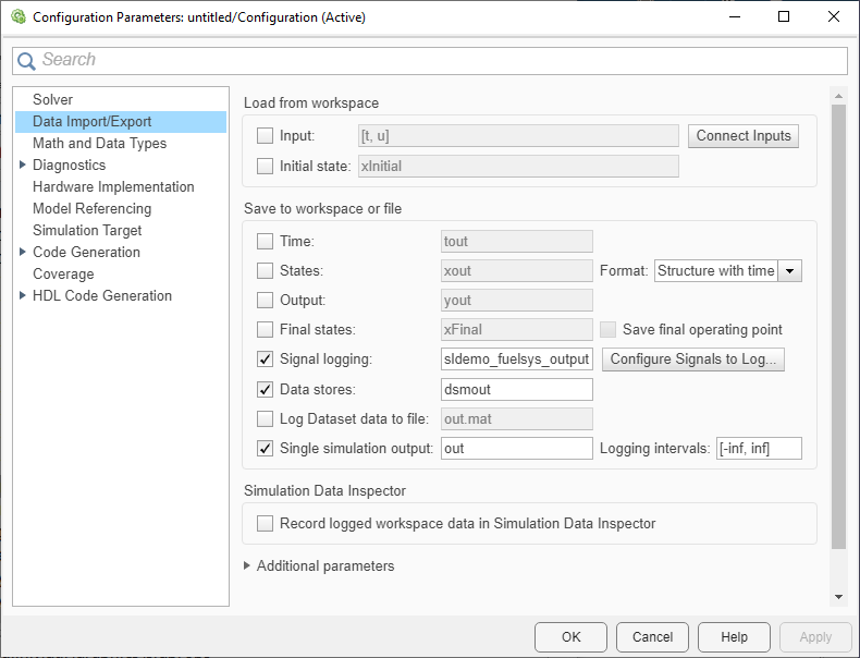 Configuration parameters dialog box showing the data import/export pane.