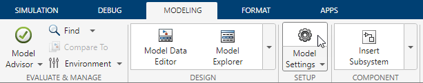 Toolstrip showing the Modeling tab. The cursor points to the Model Settings button.