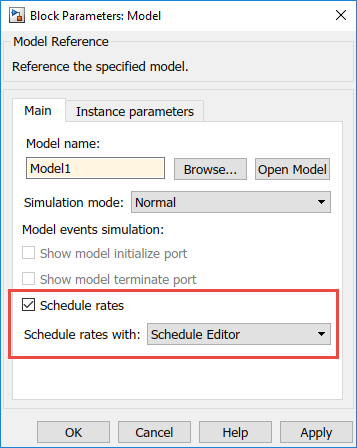 The image shows the block parameter dialog for Model block. The Model events simulation parameter has a 'Schedule rates'. 'Schedule rates with:' parameter is set to 'Schedule Editor'.