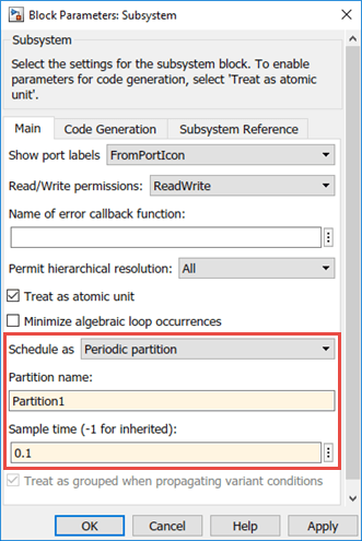 The image shows block parameters dialog for Subsystem block. In the subsystem block parameter dialog box, the 'Schedule as' parameter is set to 'Periodic partition', the 'Partition name' is set to 'Partition1' with a text entry, and the 'Sample time' parameter is set to 0.1 with a text entry.