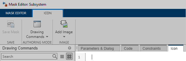 Mask Editor dialog box for a Subsystem block with the Icon tab highlighted