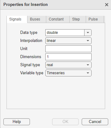 Default Properties for Insertion dialog box containing tabs for Signals, Buses, Constant, Step, and Pulse. Signals properties contains data type, interpolation, unit, dimensions, signal type, and variable type.