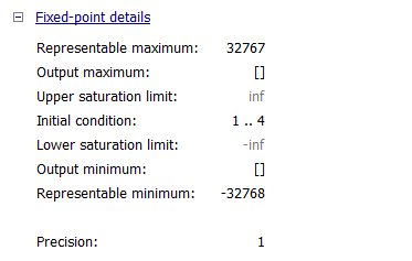 The expanded fixed-point details subpane for a Discrete-Time Integrator block