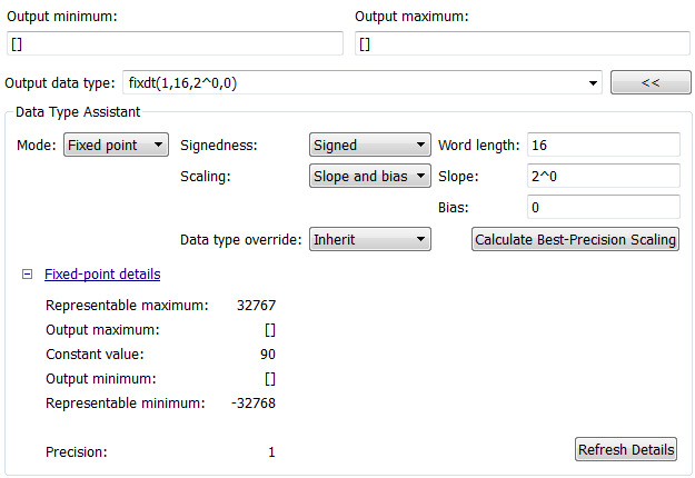 Data Type Assistant section with Fixed-point details subpane expanded