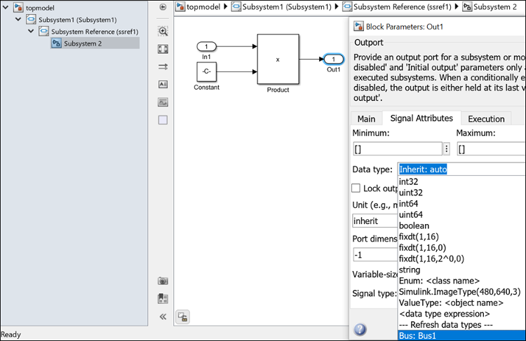 On the left, the model hierarchy is shown. On the right, the model canvas displays the contents of the child blocks of a subsystem file. The Outport block is selected. The block parameters dialog box displays the dictionary data types in the drop-down menu for Data type.