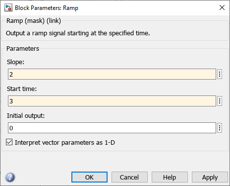 Block Parameters dialog box for Ramp block with the Slope set to 2, the Start time set to 3, and the Slope and Start time text boxes are yellow