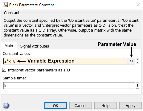 In the Block Parameters dialog box of the Gain block, the text box for entering the Gain value contains the expression "x-1" at the inner left edge, and the number 2 at the right edge.