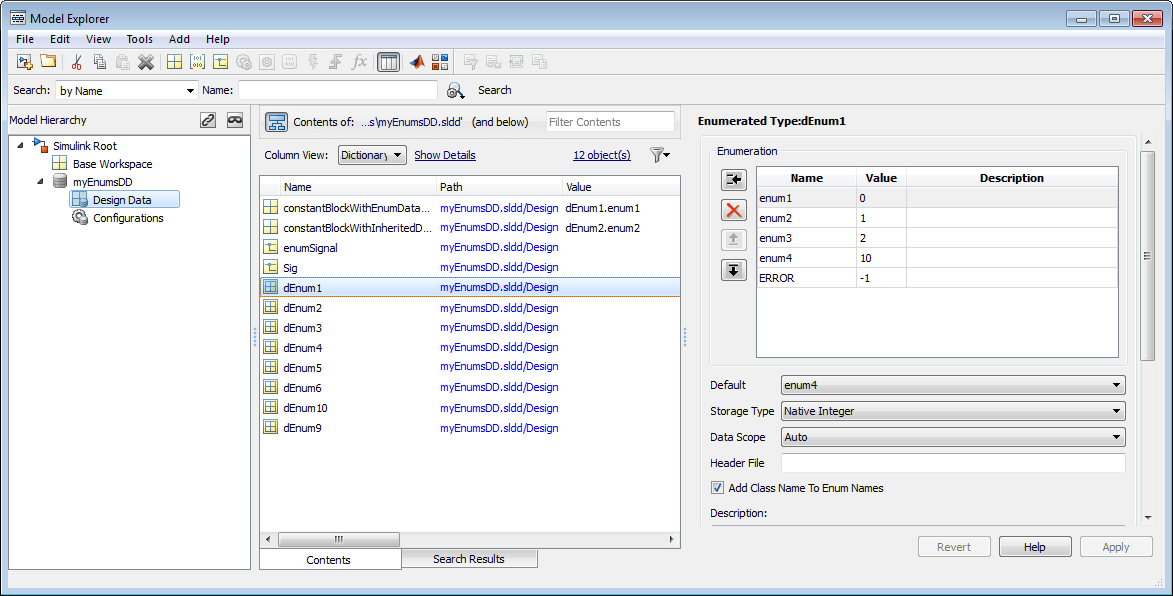View of Model Explorer. In the Model Hierarchy pane, the Design Data node of a data dictionary is selected. In the Contents pane, an enumerated type that has been migrated into the data dictionary is selected. The Dialog pane displays the definition of the selected enumerated type.