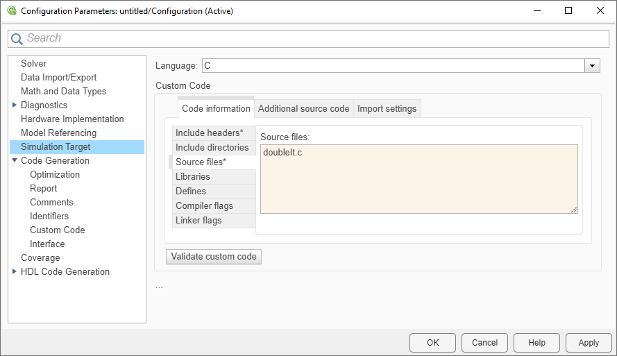 This image shows the Simulation Target pane. The text #include doubleIt.c has been included in the Source file section.