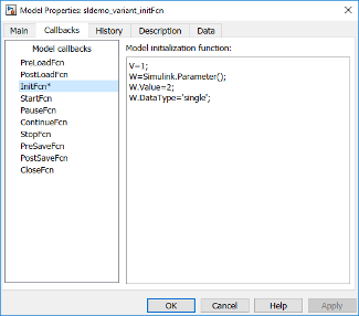 InitFcn that defines V, W, W.Value, and W.DataType