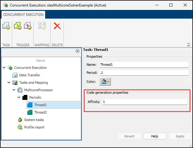 Concurrent Execution tool highlighting the custom code generation properties for a task.
