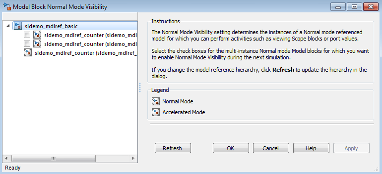 Model Block Normal Mode Visibility dialog box with no model instance selected