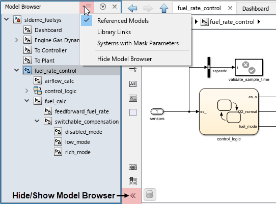 In the Model Browser tree for the sldemo_fuelsys model, part of the tree is expanded. The Hide/Show Model Browser button is highlighted. The menu for selecting whether to display referenced models, library links or systems with mask parameters is expanded.