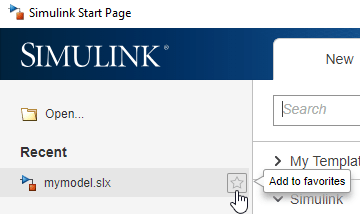 Simulink start page showing a model name in the Recent list, and the cursor hovering to the right of the name over a star symbol with the tooltip text Add to favorites