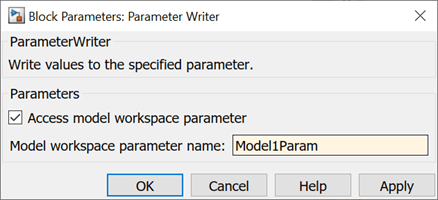 Block dialog for Parameter Writer block. "Access model workspace parameter" is selected.