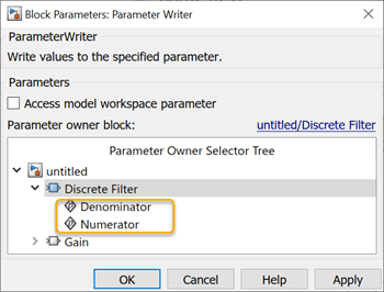 Parameter Writer block dialog. In Parameter Owner Selector Tree, "Discrete Filter" is highlighted, with "Denominator" and "Numerator" appearing indented below it.