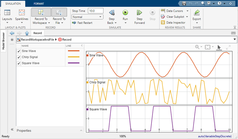 The Record block shows a sparklines visualization of three signals: Sine Wave, Chirp Signal, and Square Wave.