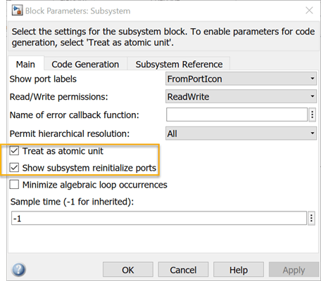 Subsystem block parameters dialog box. Parameters 'Treat as atomic unit' and 'Show subsystem reinitialize ports' are highlighted.