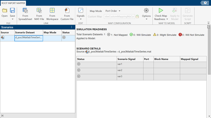 Root Inport Mapper warning that Block Name mode cannot generate a mapping.